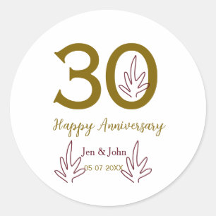 Happy 30th anniversary name date golden red leaf classic round sticker