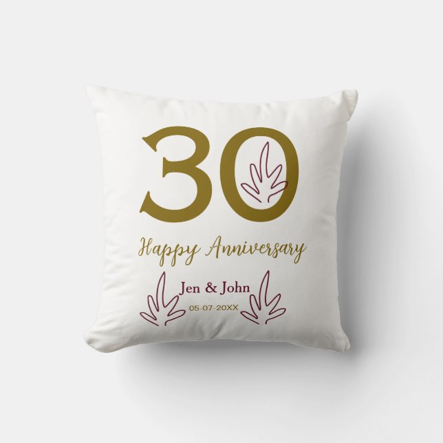 Happy 30th anniversary name date golden red leaf cushion (Front)