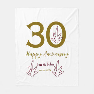 Happy 30th anniversary name date golden red leaf fleece blanket