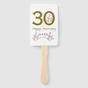 Happy 30th anniversary name date golden red leaf hand fan