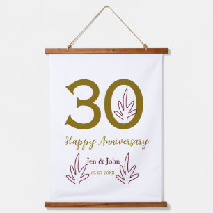 Happy 30th anniversary name date golden red leaf hanging tapestry
