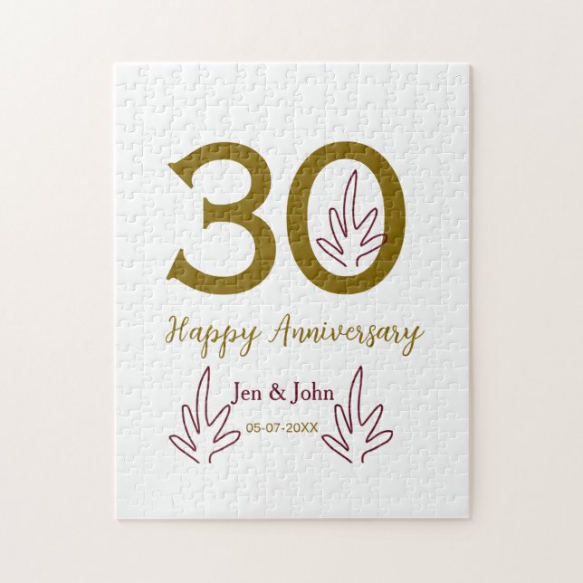 Happy 30th anniversary name date golden red leaf jigsaw puzzle (Vertical)