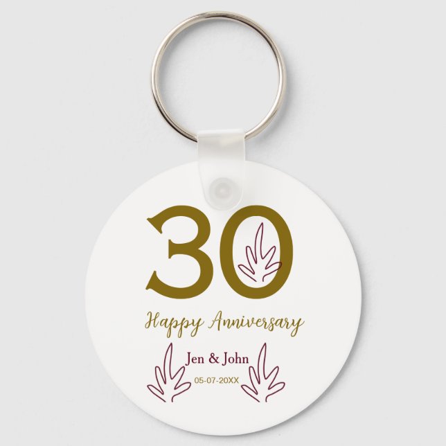 Happy 30th anniversary name date golden red leaf key ring (Front)