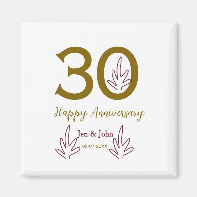 Happy 30th anniversary name date golden red leaf magnet (Front)