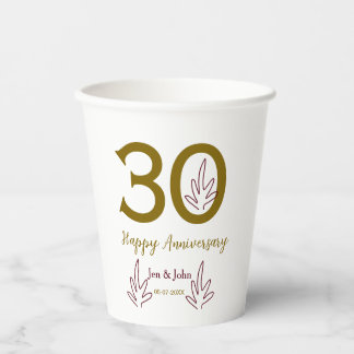 Happy 30th anniversary name date golden red leaf paper cups
