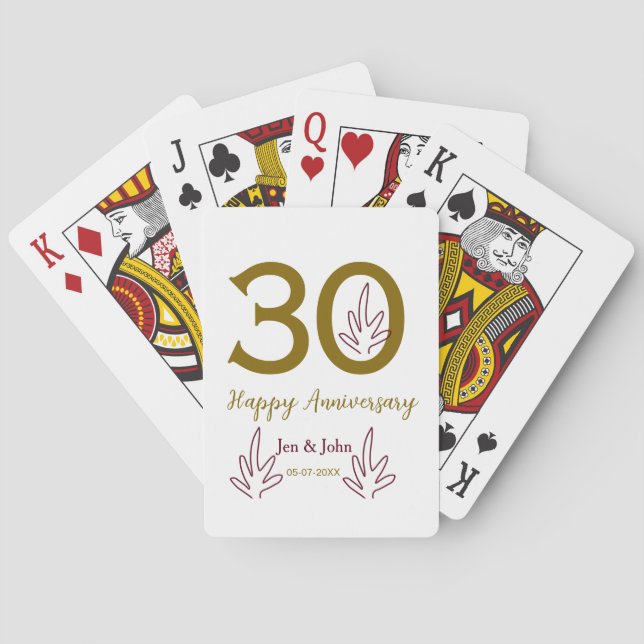 Happy 30th anniversary name date golden red leaf playing cards (Back)