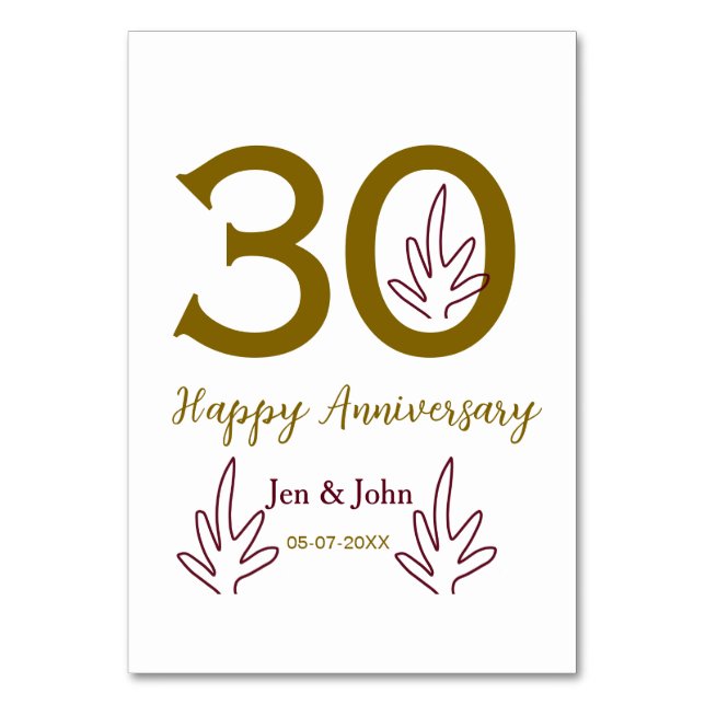 Happy 30th anniversary name date golden red leaf table number (Front)