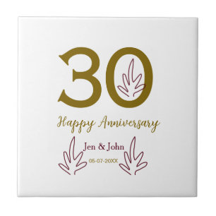 Happy 30th anniversary name date golden red leaf tile