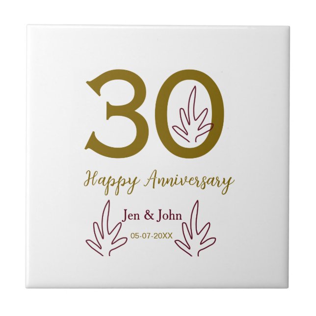 Happy 30th anniversary name date golden red leaf tile (Front)