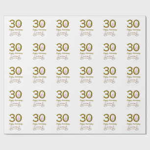 Happy 30th anniversary name date golden red leaf wrapping paper