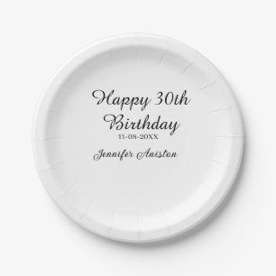 Happy 30th birthday add name date stylish simple paper plate