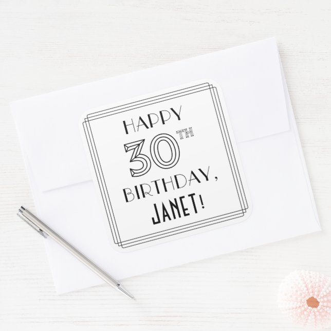 HAPPY 30TH BIRTHDAY, Art Deco Style, Custom Name Square Sticker (Envelope)