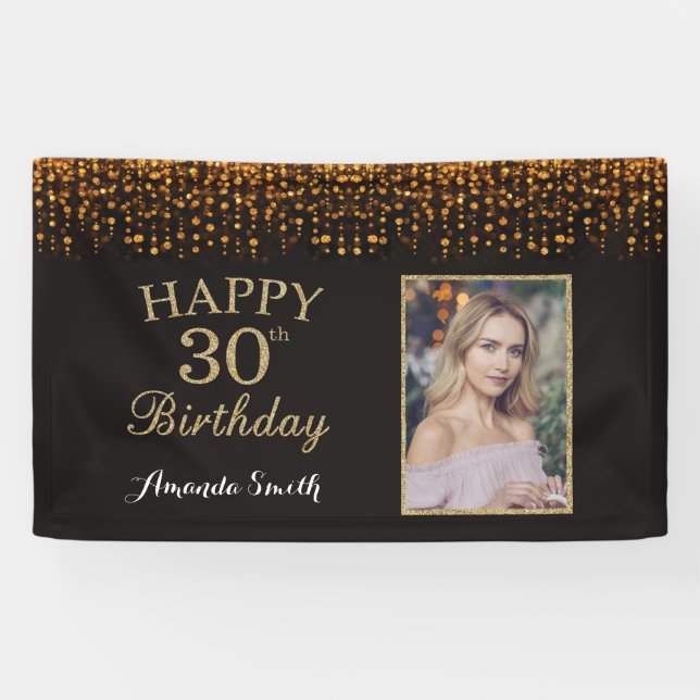 Happy 30th Birthday Banner. Gold Glitter Photo Banner (Horizontal)