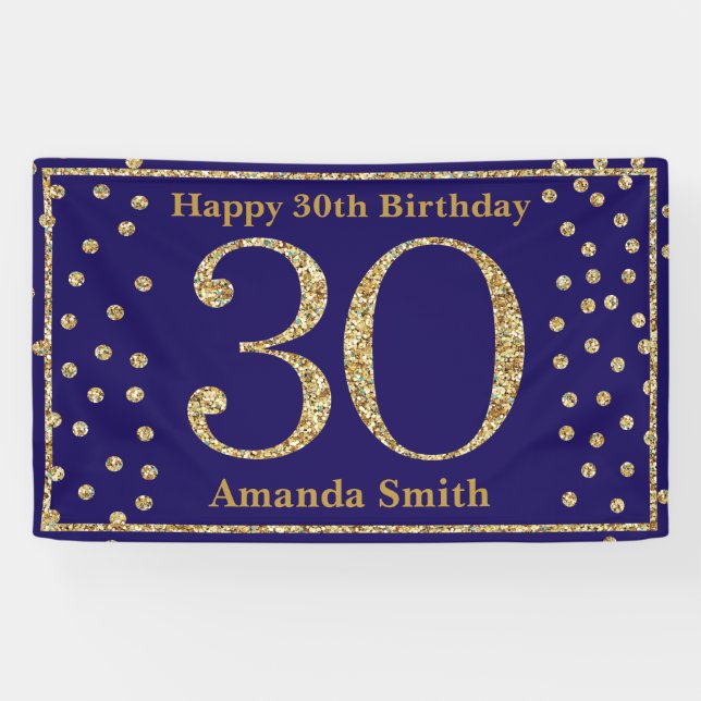 Happy 30th Birthday Banner Navy Blue Gold Glitter (Horizontal)