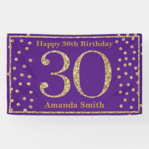 Happy 30th Birthday Banner Purple and Gold Glitter