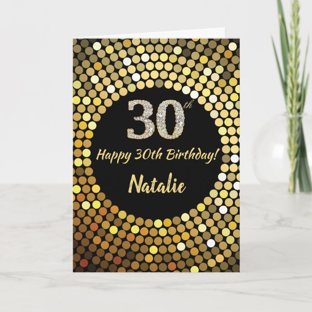 Happy 30th Birthday Black and Gold Glitter Card (Front)