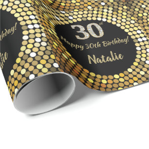 Happy 30th Birthday Black and Gold Glitter Wrapping Paper