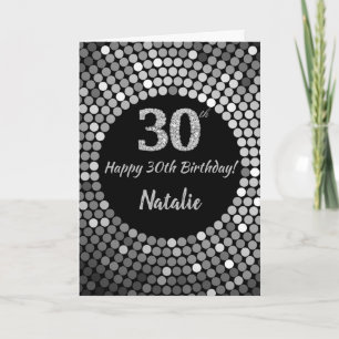Happy 30th Birthday Black and Silver Glitter Card