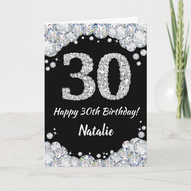 Happy 30th Birthday Black and Silver Glitter Card (Front)