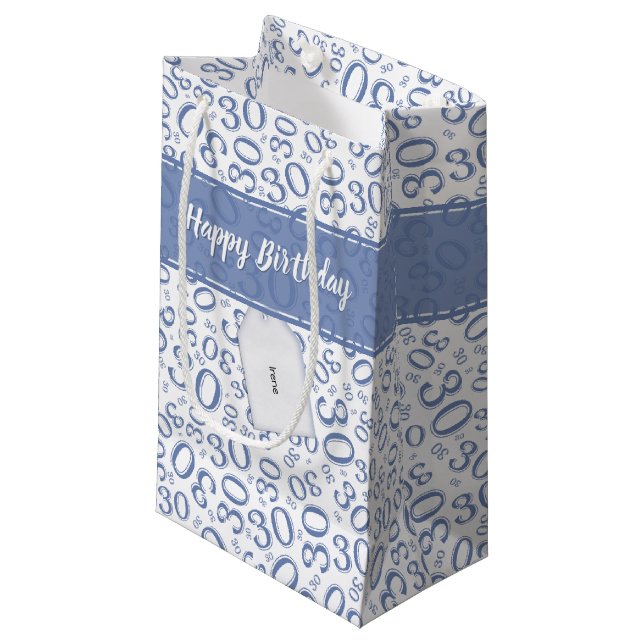 Happy 30th Birthday Blue and White Number Pattern Small Gift Bag (Front Angled)