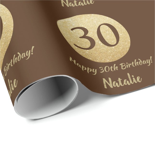 Happy 30th Birthday Brown and Gold Glitter Wrapping Paper (Roll Corner)