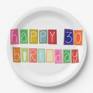 Happy 30th Birthday Colorful Block Letterinng Paper Plate