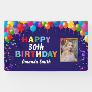 Happy 30th Birthday Colourful Balloons Navy Blue Banner