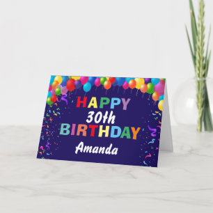 Happy 30th Birthday Colourful Balloons Navy Blue Card