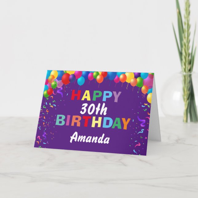 Happy 30th Birthday Colourful Balloons Purple Card (Front)