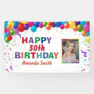 Happy 30th Birthday Colourful Balloons White Banner