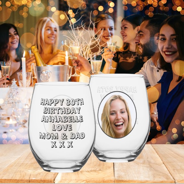 Happy 30th Birthday Daughter Name & Photo Stemless Wine Glass (Front And Back)