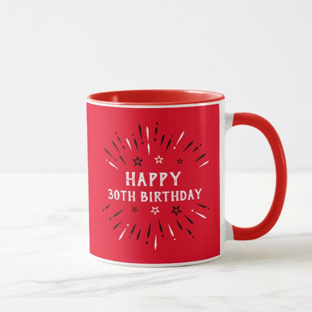 Happy 30th Birthday Fireworks Red Black White Mug (Right)