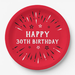 Happy 30th Birthday Fireworks Red Black White Paper Plate