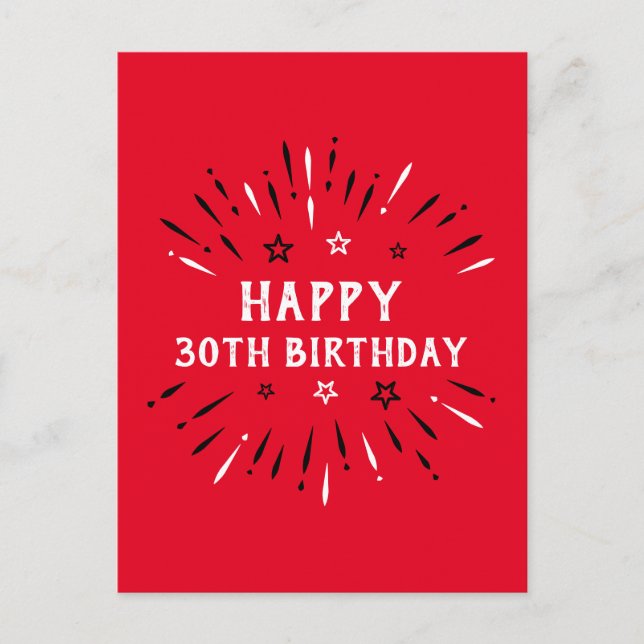 Happy 30th Birthday Fireworks Red Black White Postcard (Front)