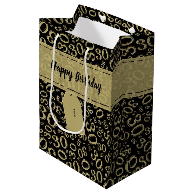 Happy 30th Birthday Gold and Black Number Pattern Medium Gift Bag (Front Angled)