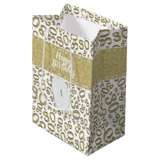 Happy 30th Birthday Gold and White Number Pattern Medium Gift Bag (Front Angled)