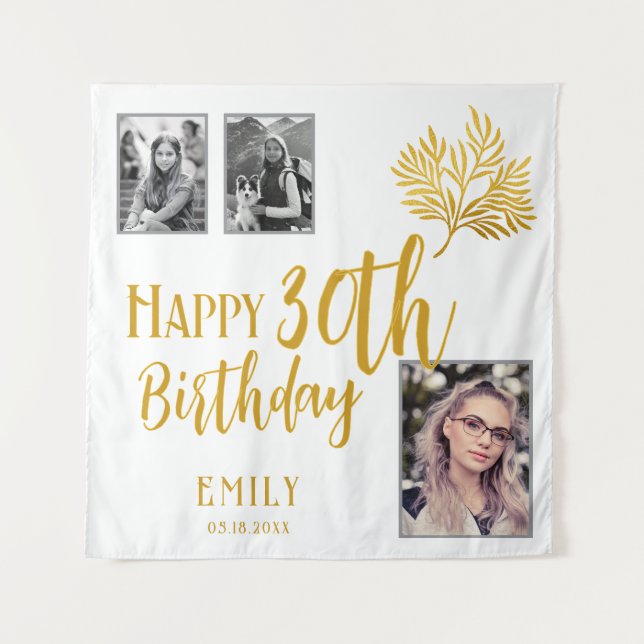 Happy 30th Birthday Gold Foliage 3 Photo Backdrop Tapestry (Front)