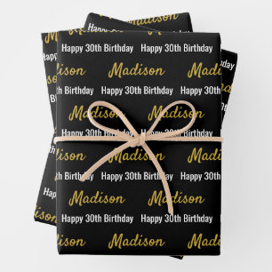 Happy 30th Birthday Gold Name Black and White Wrapping Paper Sheet