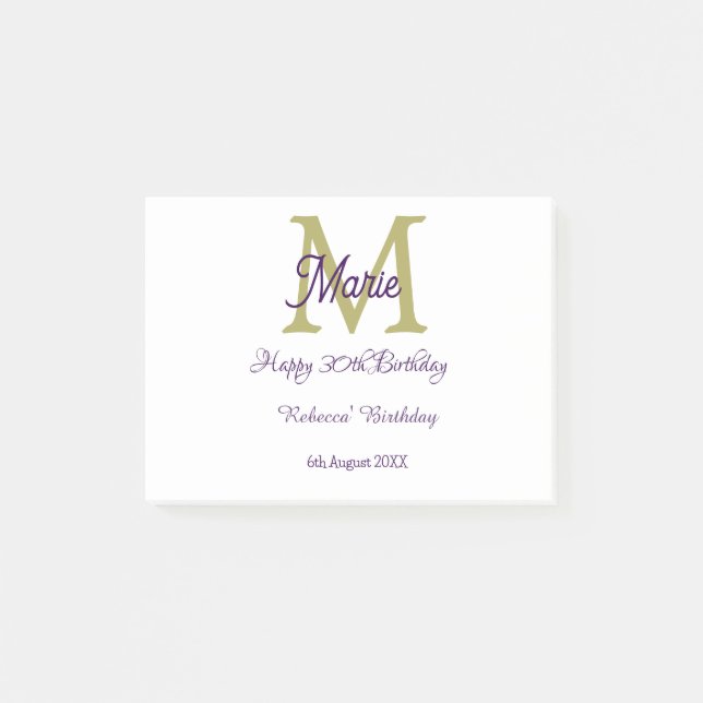 Happy 30th Birthday goldenadd name monogram modern Post-it Notes (Front)