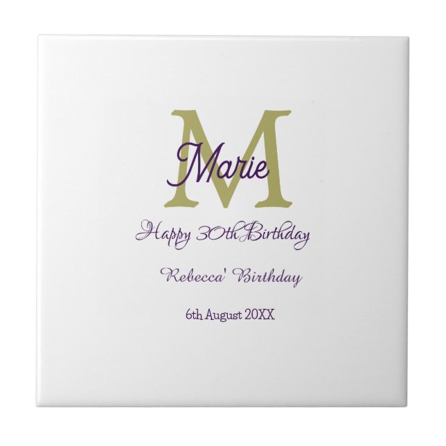 Happy 30th Birthday goldenadd name monogram modern Tile (Front)