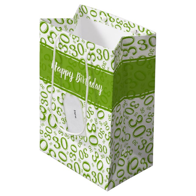 Happy 30th Birthday Green and White Number Pattern Medium Gift Bag (Front Angled)