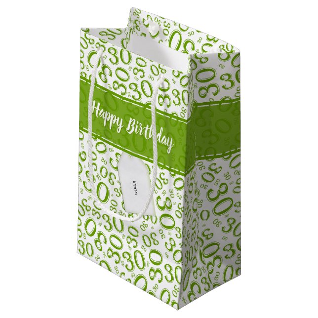 Happy 30th Birthday Green and White Number Pattern Small Gift Bag (Front Angled)