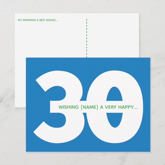 Happy 30th Birthday Milestone Postcards in Blue (Front/Back)