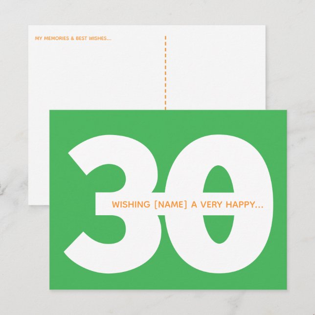 Happy 30th Birthday Milestone Postcards in Green (Front/Back)