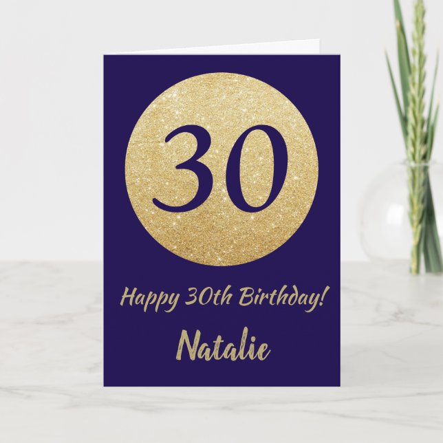 Happy 30th Birthday Navy Blue and Gold Glitter Card (Front)