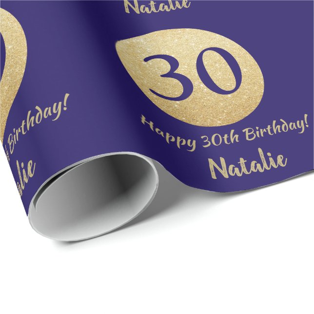 Happy 30th Birthday Navy Blue and Gold Glitter Wrapping Paper (Roll Corner)