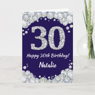 Happy 30th Birthday Navy Blue and Silver Glitter Card