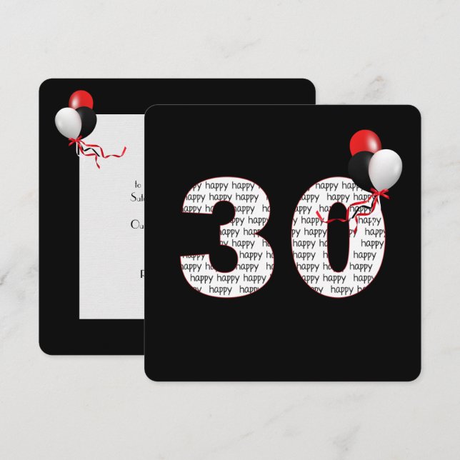 Happy 30th Birthday On Black Invitation (Front/Back)