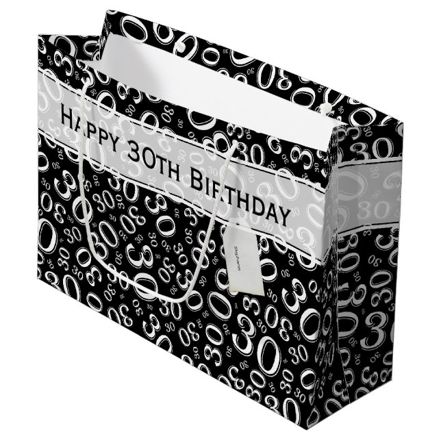 Happy 30th Birthday Party Pattern Black and White Large Gift Bag (Front Angled)