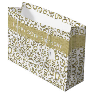 Happy 30th Birthday Party Pattern Gold and White Large Gift Bag